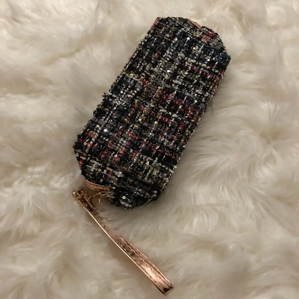 Tweed Cosmetic Bag / Makeup Pouch with Wristlet Sparkling Bag & Removable strap